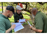 Dan Bangert holds a plant in front of Earl Johnson and Nick Sambucetti, who are writing a list of possible problems and solutions for plants.